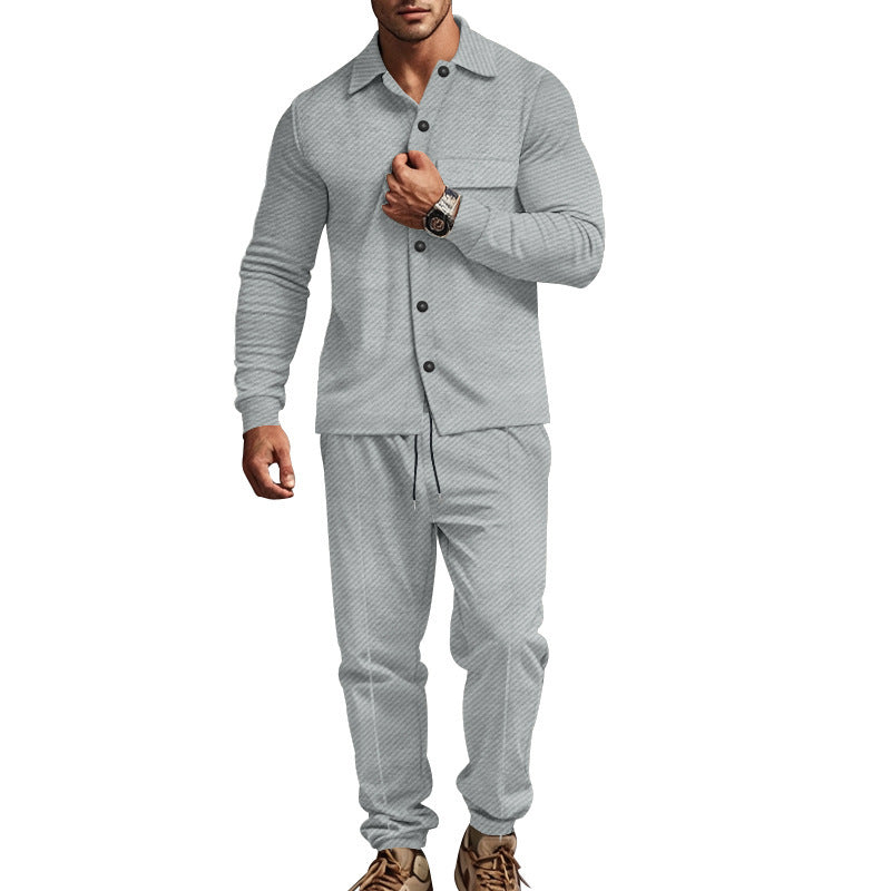 Men's urban lounge two-piece set with shirt jacket, chest pocket, and drawstring joggers made of textured cotton blend Mune Fashion