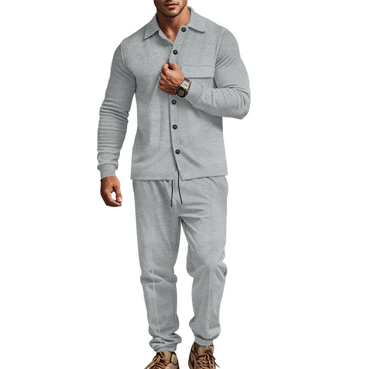 Men's urban lounge two-piece set with shirt jacket, chest pocket, and drawstring joggers made of textured cotton blend Mune Fashion