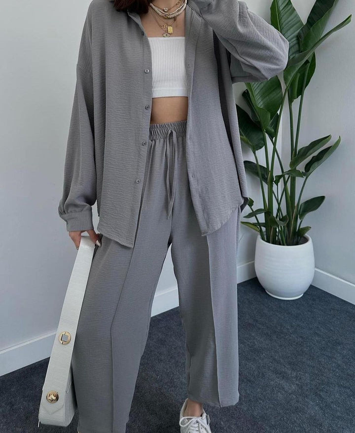 Women's Casual Two-Piece Lounge Set Made of Crêpe with Oversized Shirt and High Elastic Waistband Mune Fashion