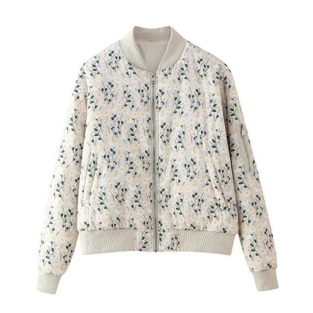 Ladies quilted floral bomber jacket with ribbed cuffs and zipper Mune Fashion