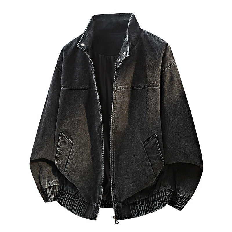 Men's Oversized Bomber Jacket in Used Effect with Stand-Up Collar, Elastic Band and Flap Pockets Mune Fashion