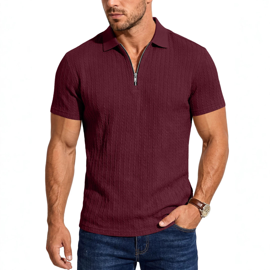 Men's short sleeve knitted polo shirt with zipper and cable knit structure Mune Fashion