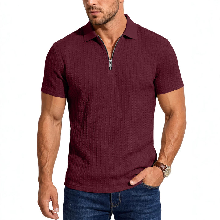 Men's short sleeve knitted polo shirt with zipper and cable knit structure Mune Fashion