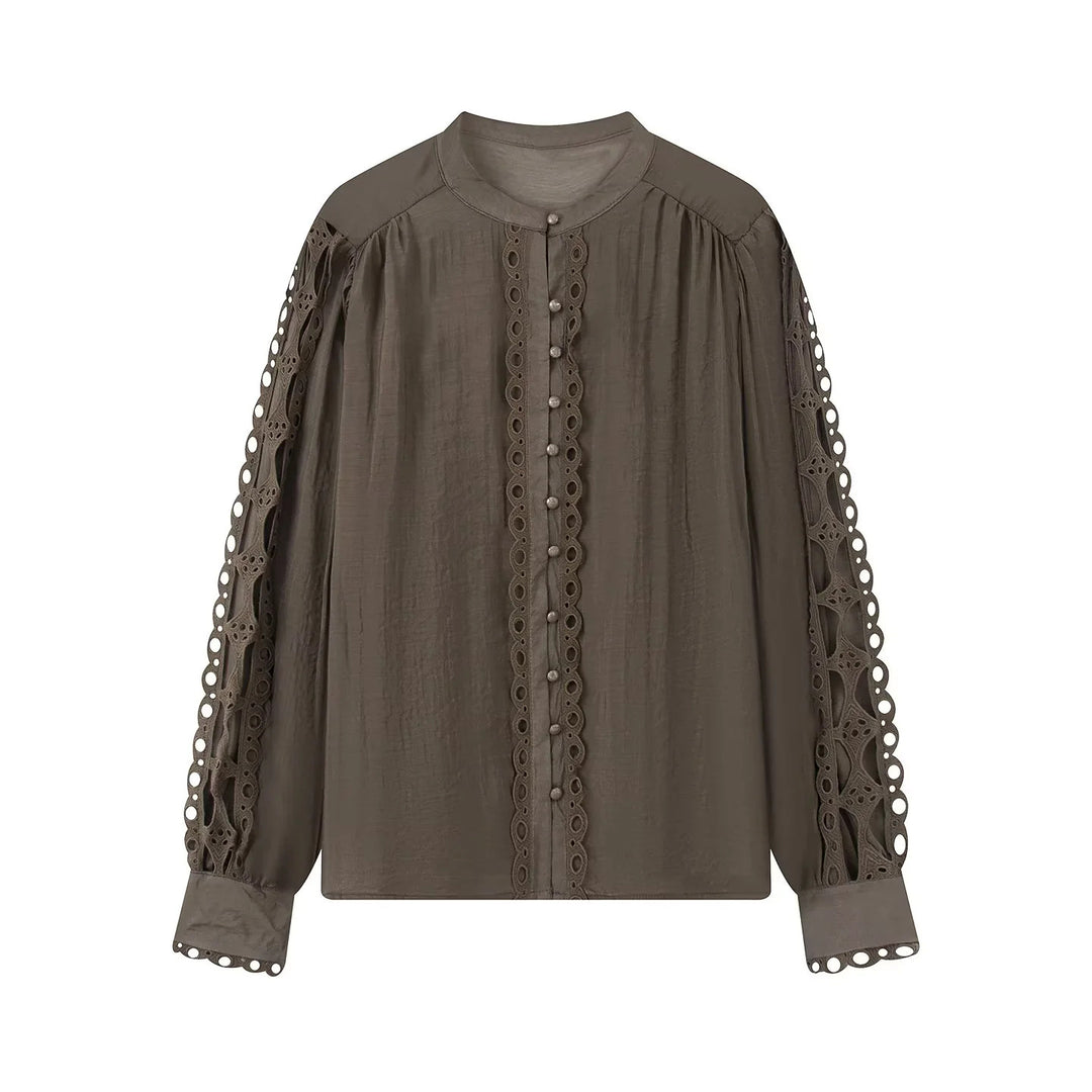 Women nan romantic blouse with lace sleeves, gathered balloon sleeves and decorative button placket Mune Fashion