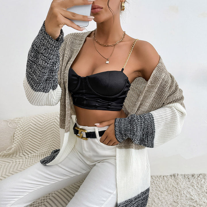 Women's Oversize Knit Cardigan with Color Block Stitch Pattern and Open Front Mune Fashion
