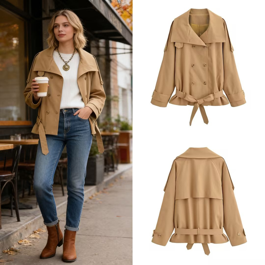Women's Short Trench Coat with Cap Collar, Shoulder Tabs and Bow Tie Waist Belt Mune Fashion