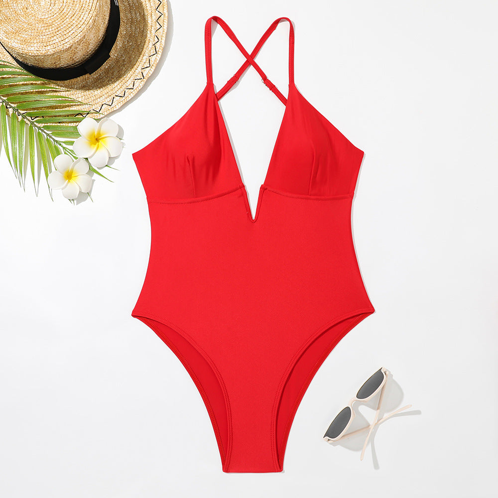 Women's one-piece swimsuit with deep V-neck and trendy feather design Mune Fashion