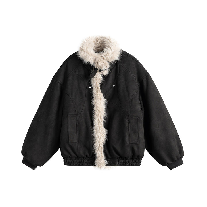 Women's boxy bomber jacket made of faux suede with a voluminous faux fur collar Mune Fashion
