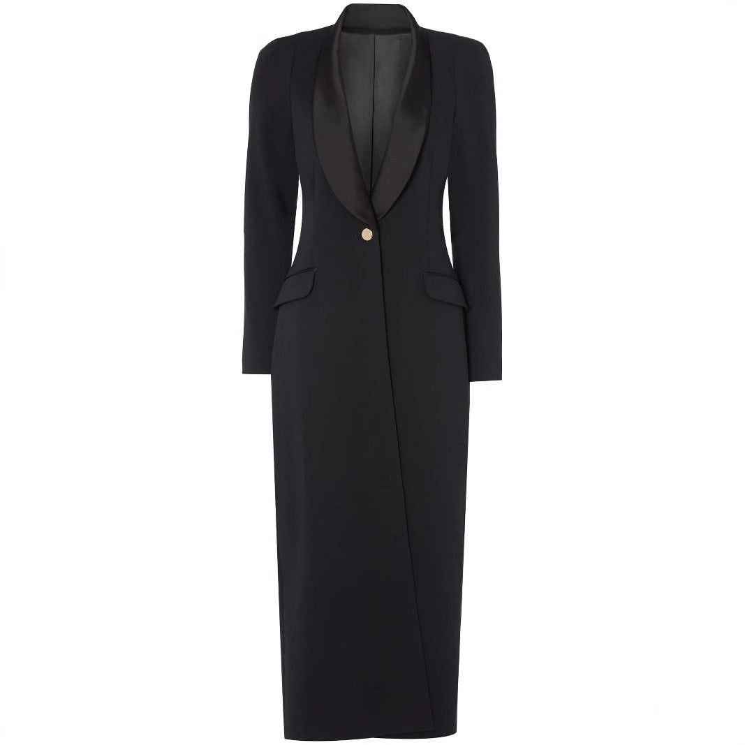 Women's max dress in tuxedo blazer style with shawl collar and single-button closure Mune Fashion