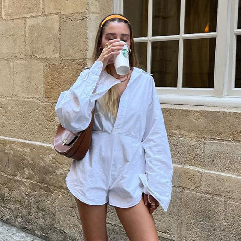 Ladies tailored shirt romper with long sleeves, concealed placket and figure-shaping waist Mune Fashion