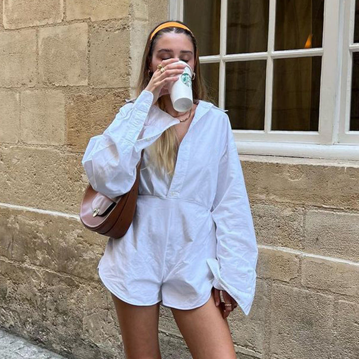 Ladies tailored shirt romper with long sleeves, concealed placket and figure-shaping waist Mune Fashion