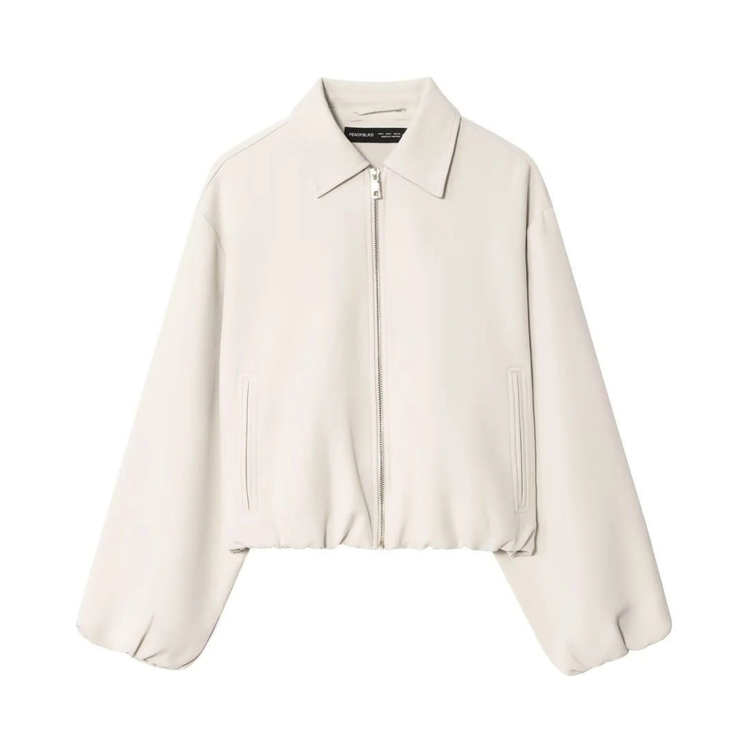 Women's cropped blouson jacket with shirt collar, concealed metal zipper, and elastic hem Mune Fashion