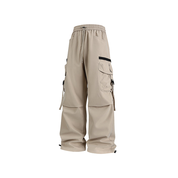Men's Wide Cargo Pants with Multi-Pockets, Adjustable Drawstring Waistband, and Modular Strap Details Drune