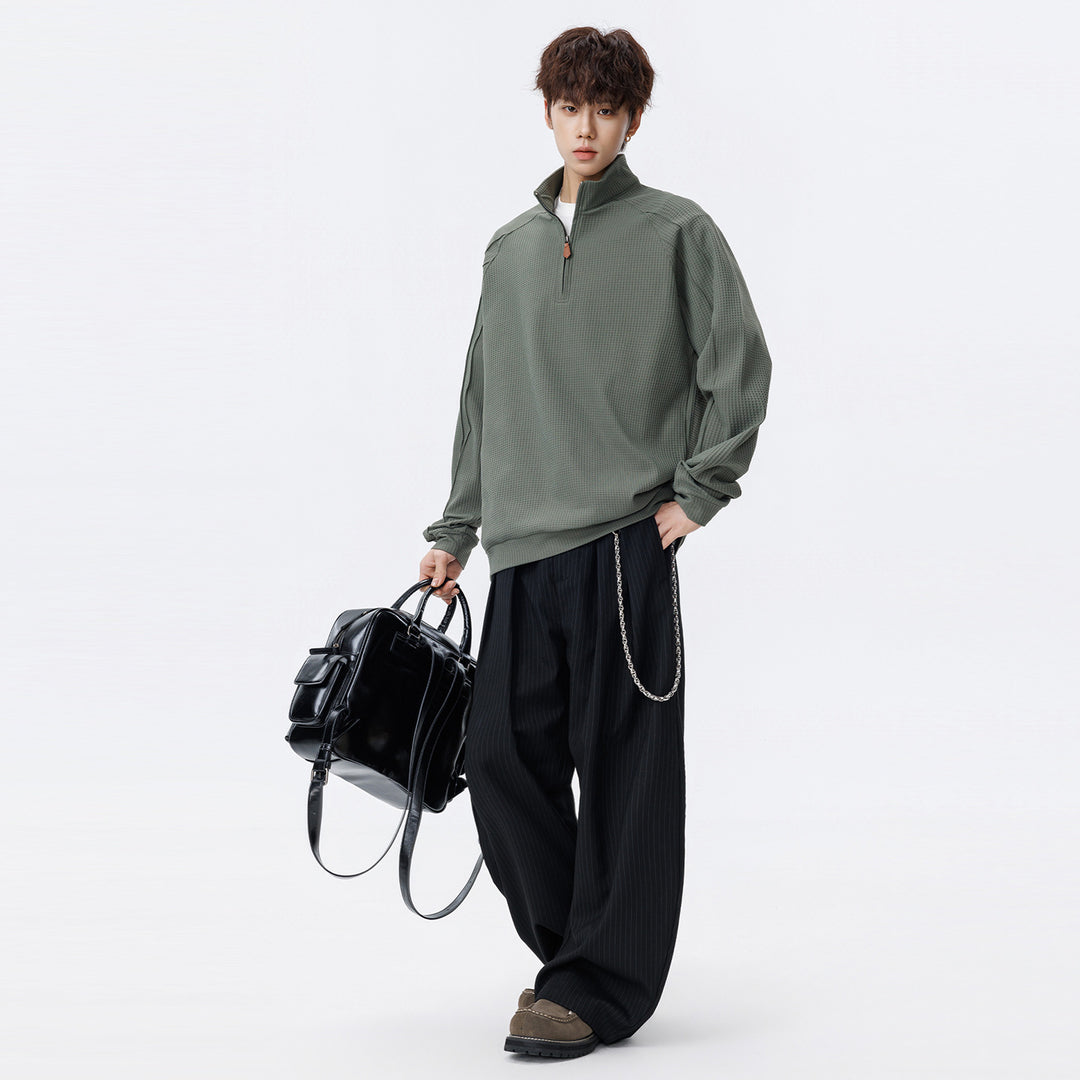 Unisex Waffle Structure Half-Zip Pullover with Stand-Up Collar and Oversized Cut Drune