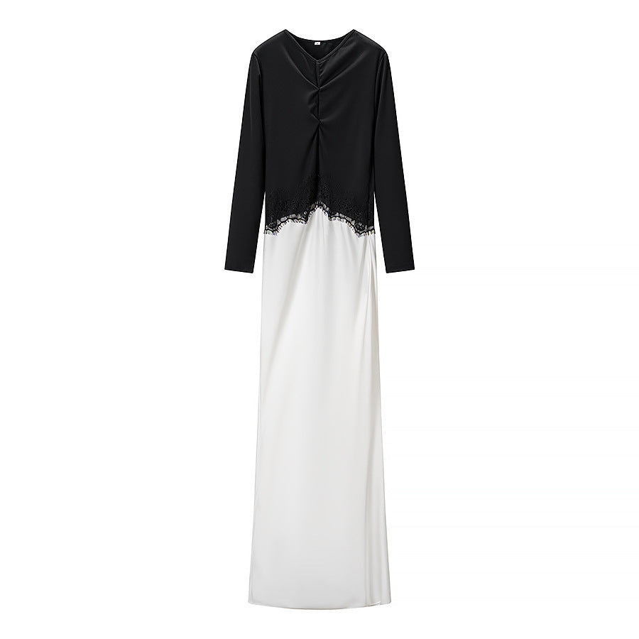 Women's maxi dress with lace insert, gathered front and flowing hem Mune Fashion