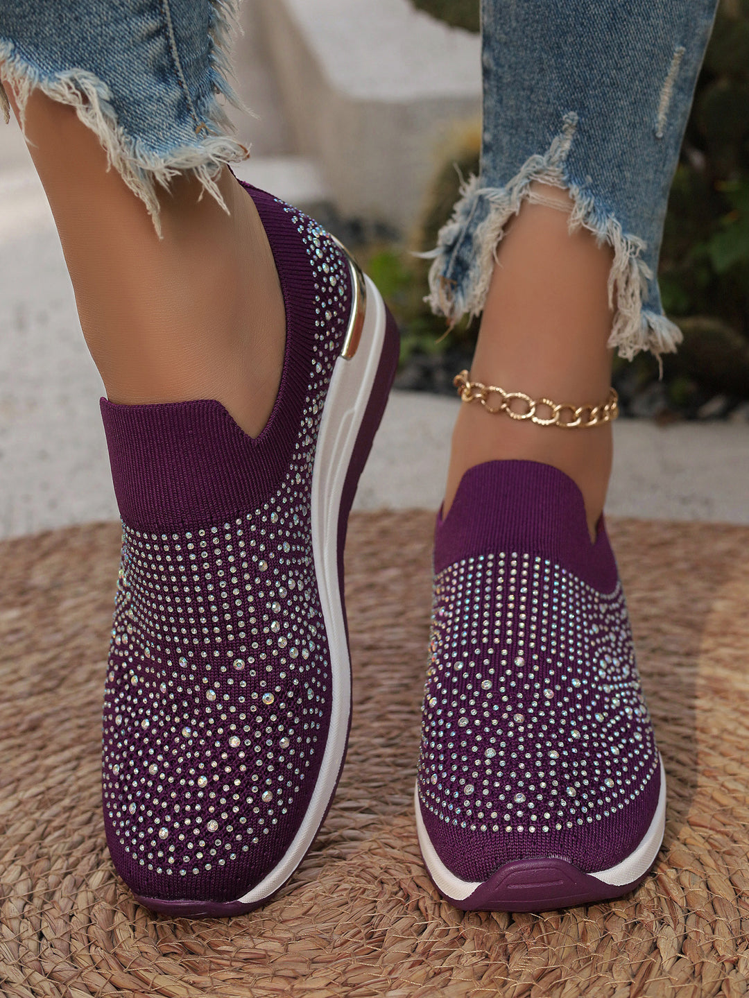 Women's knit slip-on sneakers with sparkling rhinestone trim, elastic entry, and cushioned platform sole Mune Fashion