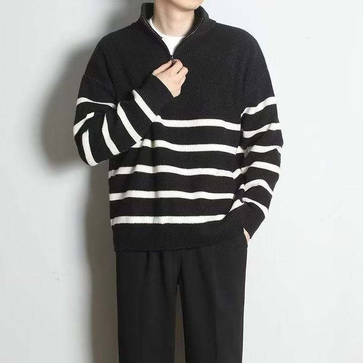 Men's chunky knit sweater with zipper and stripes Mune Fashion