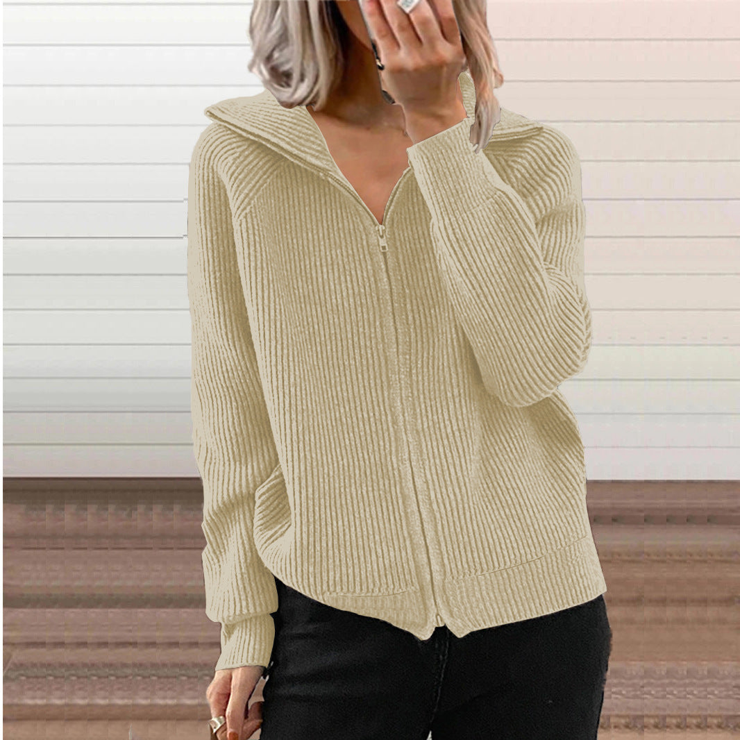 Women Ribbed Hooded Cardigan with Zipper and Patch Pockets Drune