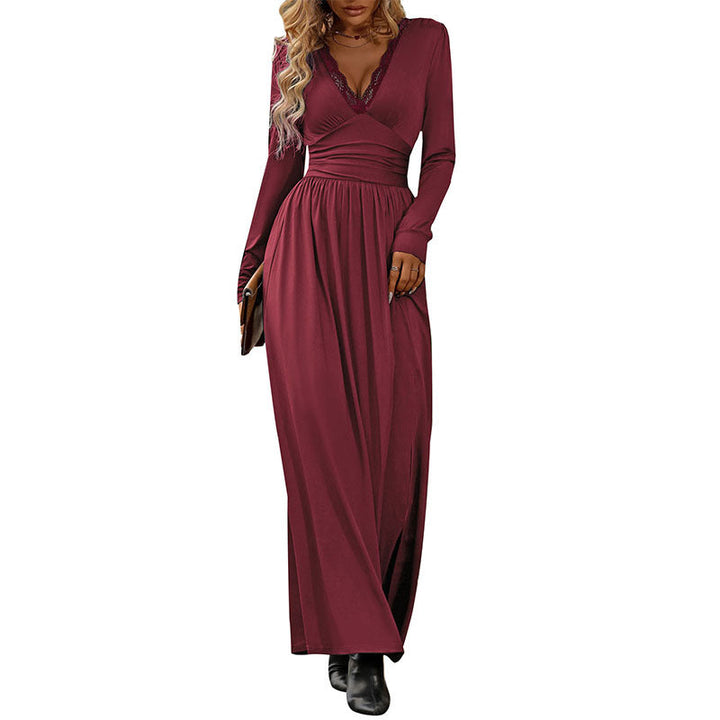 Ladies Flowing Maxi Dress with Lace V-neck, Wrap Waist and Side Slit Mune Fashion