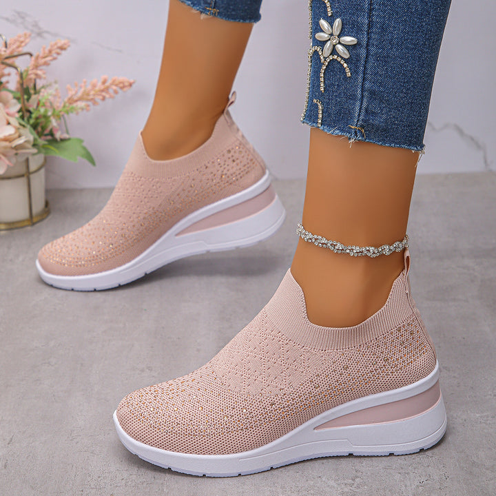 Women's Knit Slip-On Sneakers with Hidden Wedge and Glitter Application Mune Fashion