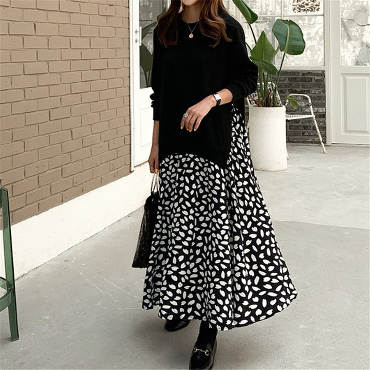 Women's casual layered dress with sweatshirt top and printed midi skirt Mune Fashion