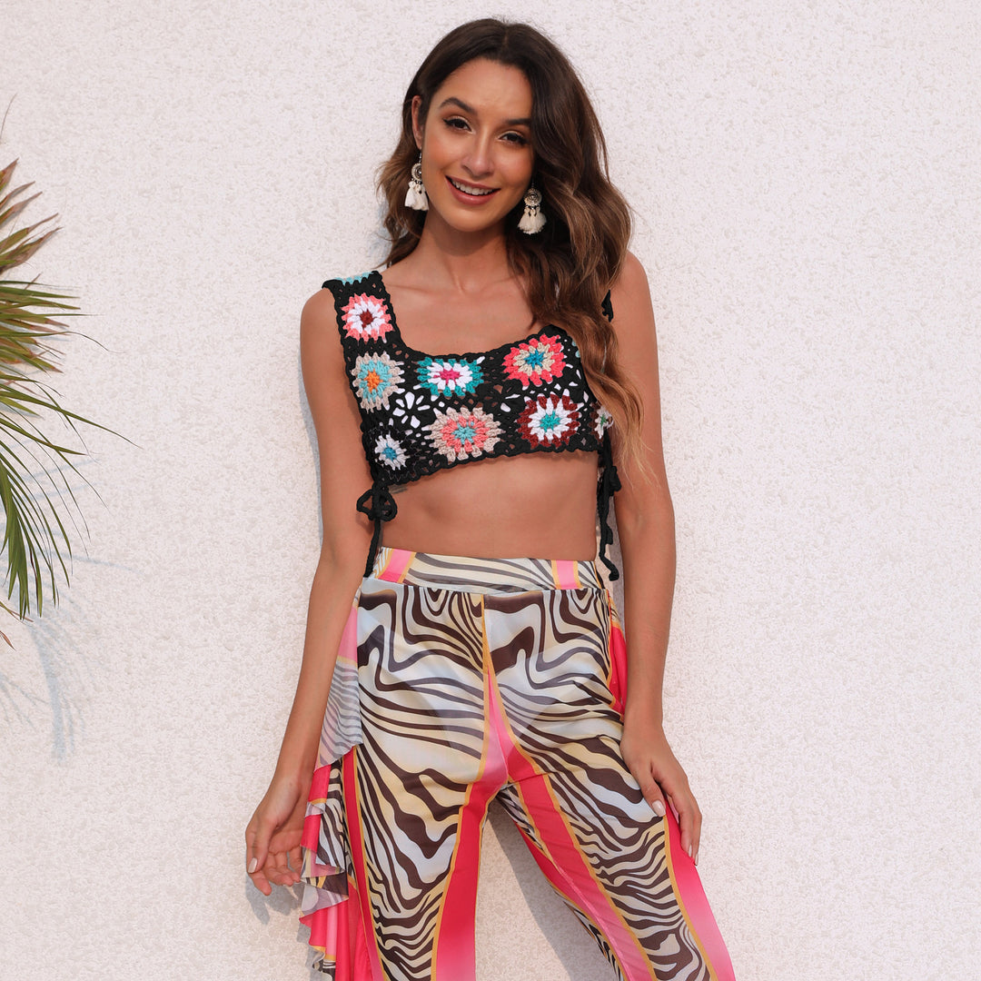 Women's crocheted crop top with colorful floral patterns Mune Fashion