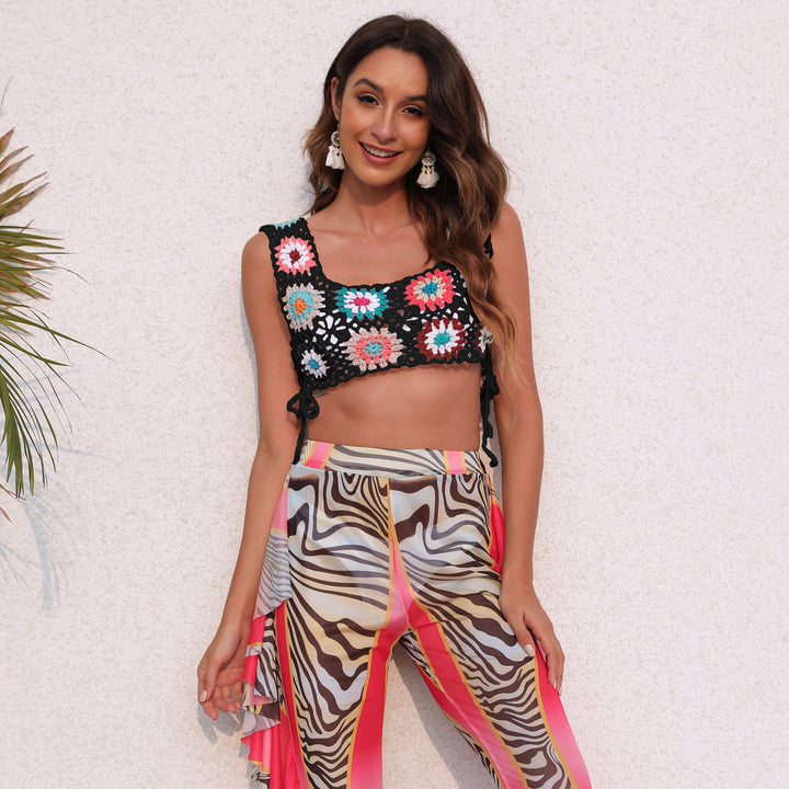 Women's crocheted crop top with colorful floral patterns Mune Fashion