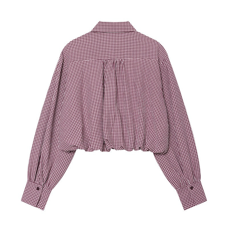Women Checked Cropped Blouse with Elastic Hem Mune Fashion