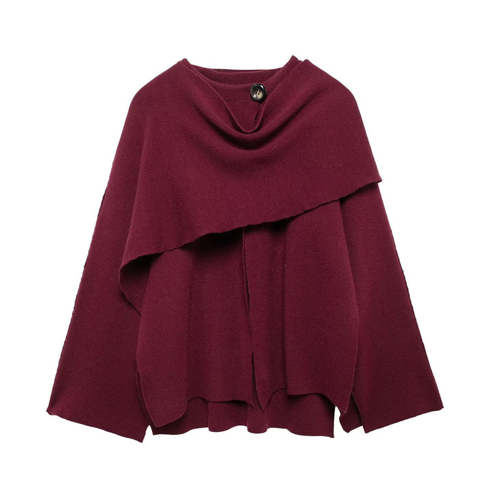Ladies two-layer knit poncho with asymmetric hem and decorative button collar Mune Fashion
