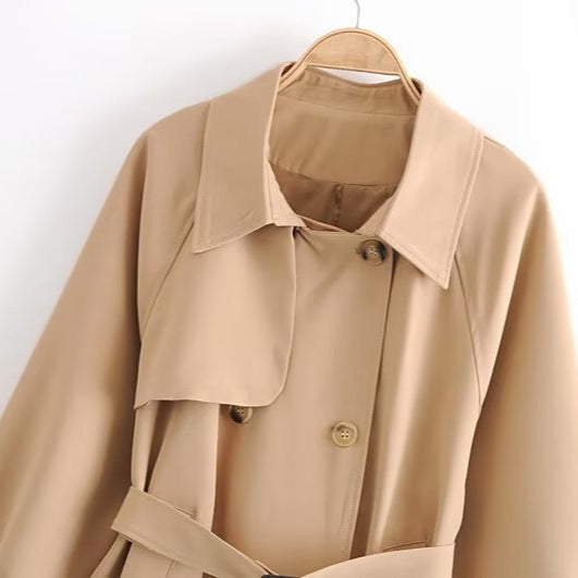 Women Short Tailored Trench Coat with Tied Belt, Asymmetrical Storm Flap and Cuff Strap Mune Fashion