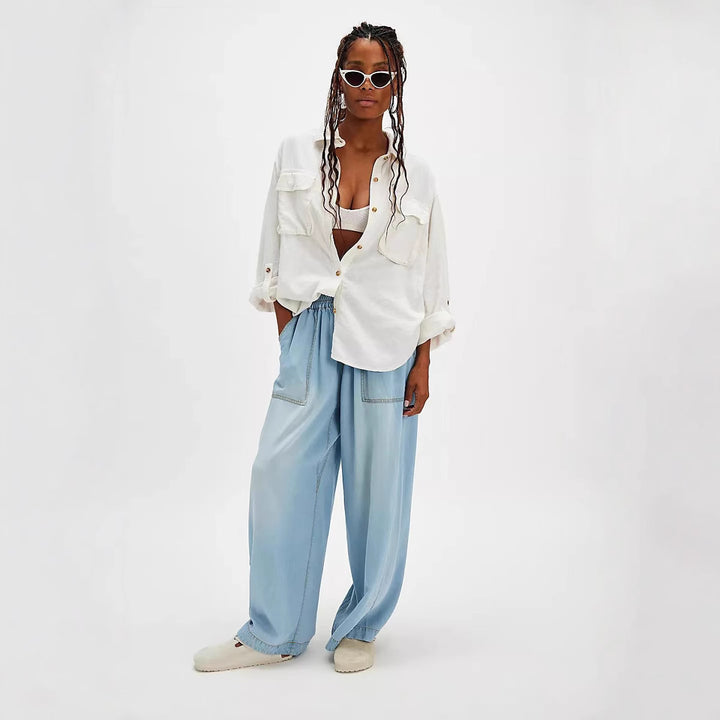 Women wide Lyocell pants with elastic drawstring waistband and large patch front pockets Mune Fashion