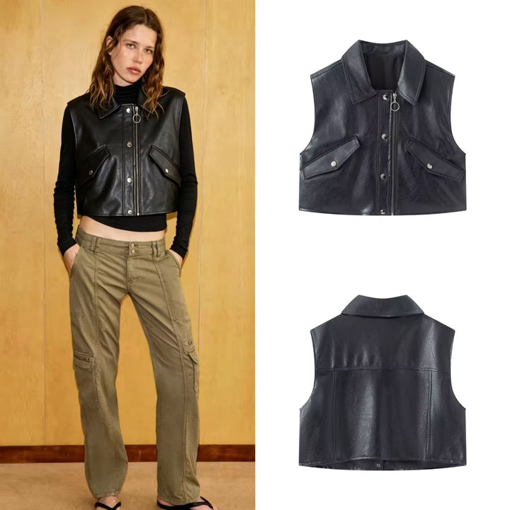 Women's Cropped Utility Vest in Leather Look with Collar, Ring Zipper, and Attached Flap Pockets Mune Fashion