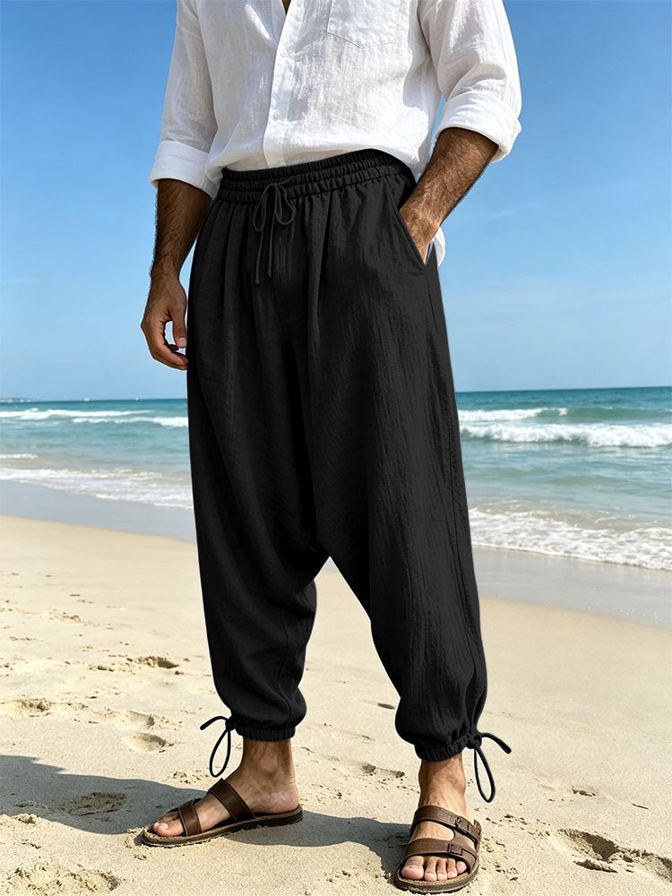 Men's Loose Linen Harem Pants with Elastic Waistband and Adjustable Ankle Cuffs Mune Fashion