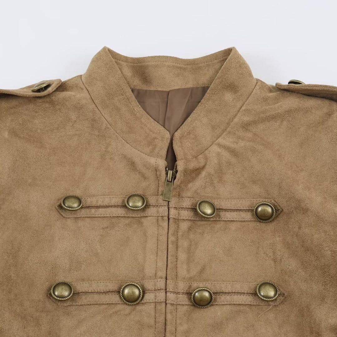 Women's short-cut cavalry jacket made of suede look with decorative button placket and epaulettes Mune Fashion