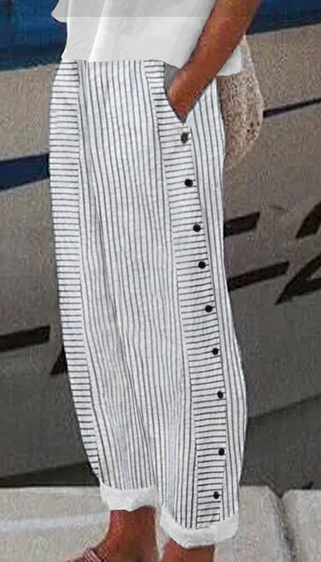 Women Lightweight Striped Trousers with Side Button Plackets and Elastic Waistband Mune Fashion