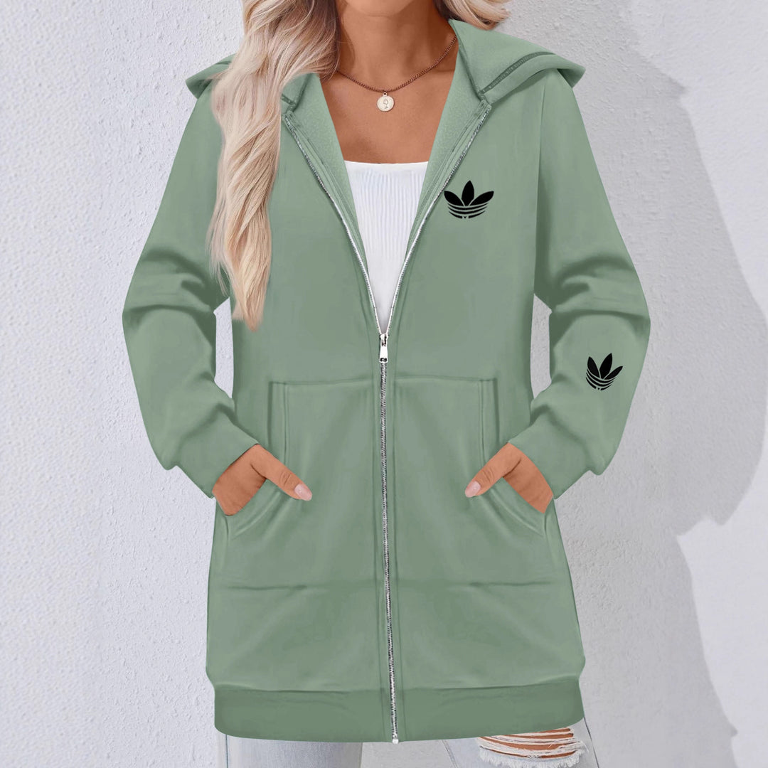 Women's Long Hooded Sweat Jacket with Metal Zipper, Kangaroo Pockets and Figure-Flattering Silhouette Drune
