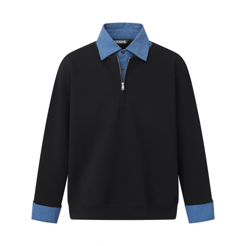 Unisex Oversize-Halfzip-Sweatshirt with contrasting shirt collar and denim cuffs Mune Fashion