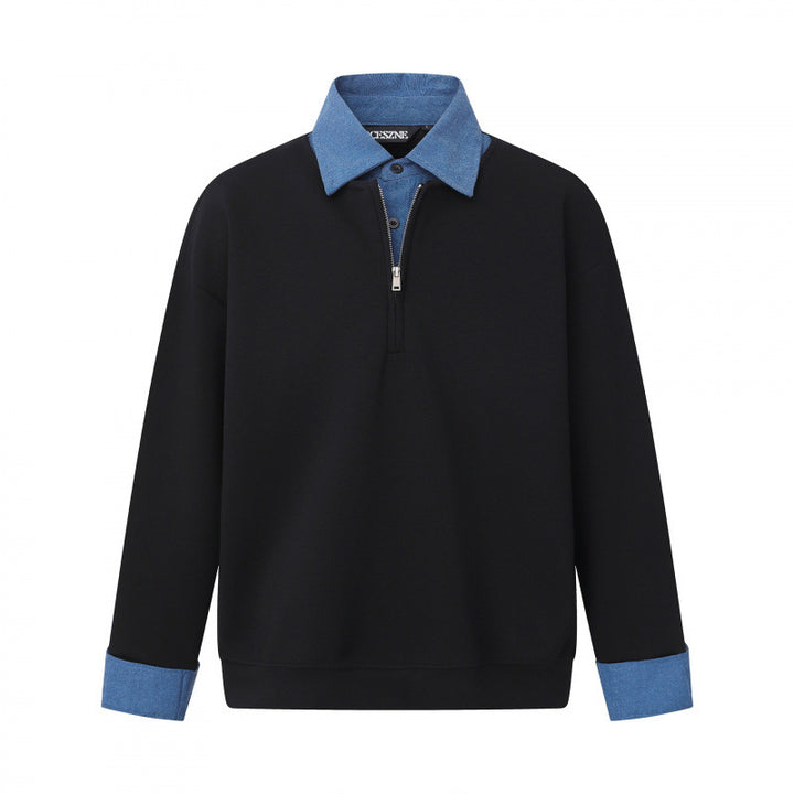 Unisex Oversize-Halfzip-Sweatshirt with contrasting shirt collar and denim cuffs Mune Fashion