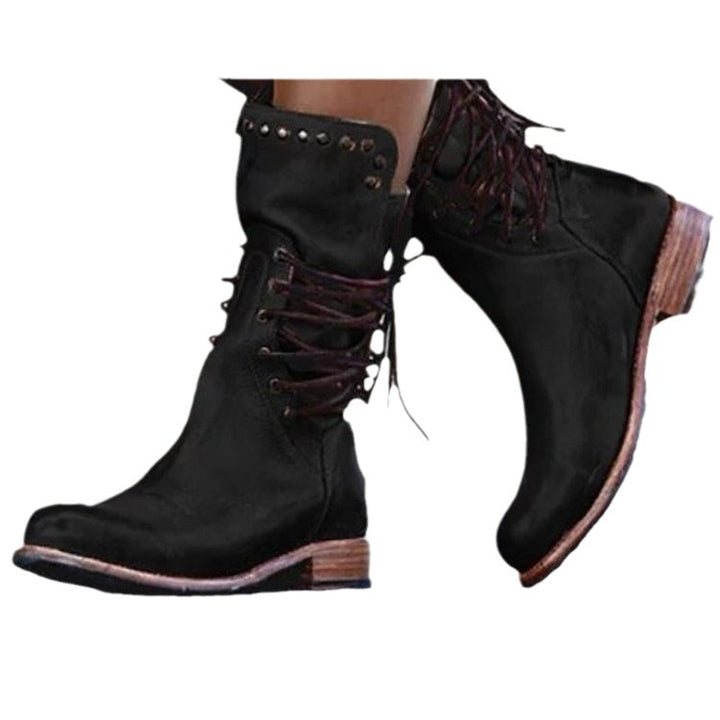 Women's Vintage Leather Lace-Up Boots with Studded Details and Mid Block Heel Mune Fashion