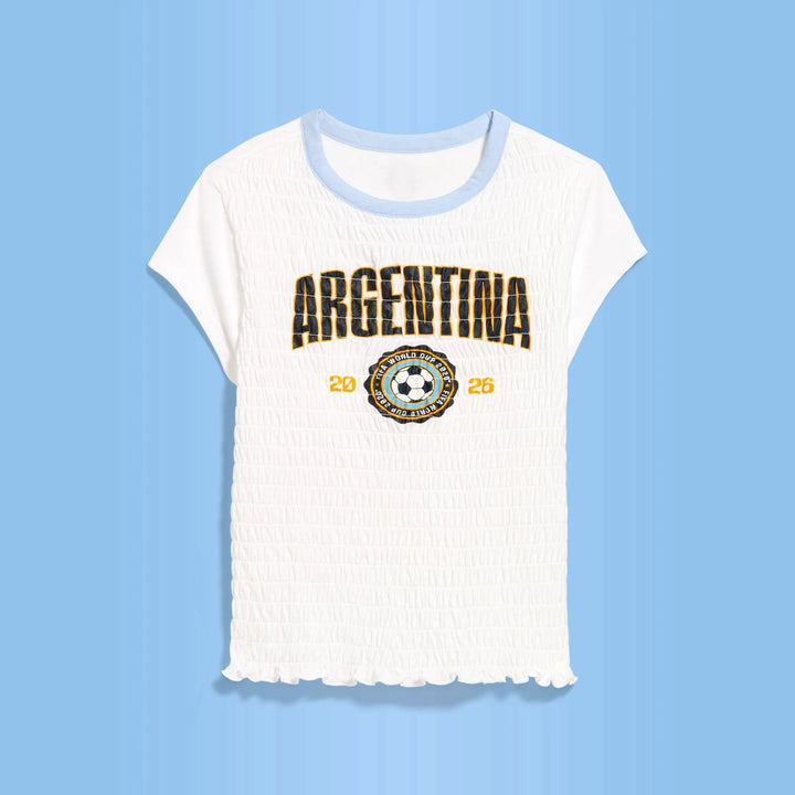 Women's ruffled cotton shirt with sporty Argentina print and ruffle trim Mune Fashion