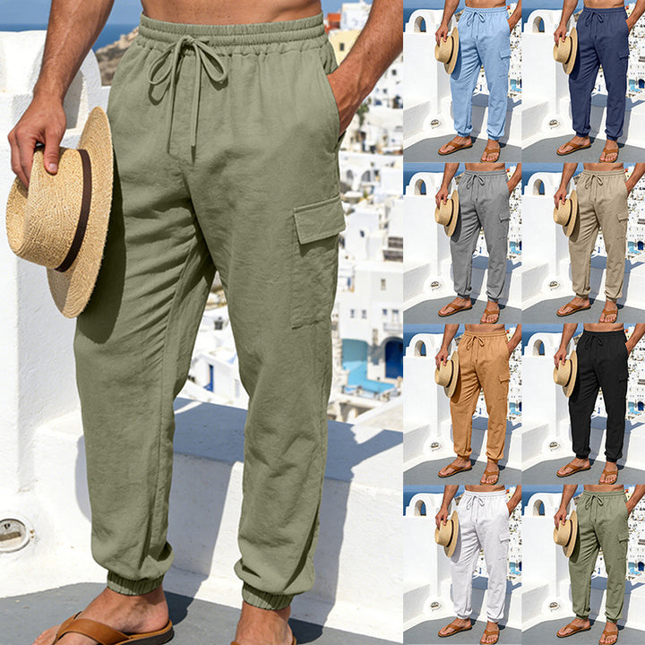 Men's lightweight linen jogging pants with elastic drawstring waistband, cargo side pocket, and ribbed ankle cuffs Mune Fashion