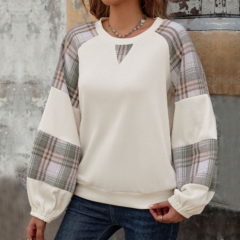Women Oversize Long Sleeve with Checked Chiffon Raglan Sleeves and Gathered Cuffs Mune Fashion
