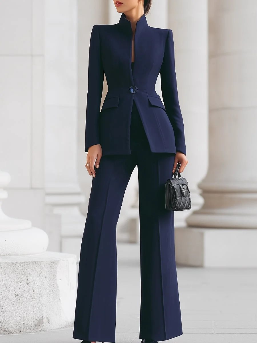 Women Tailored Blazer with Stand Collar and High-Waist Flared Pants Mune Fashion