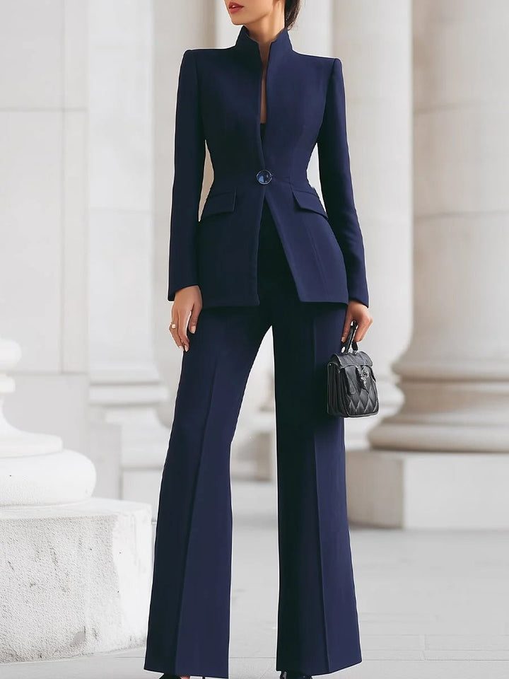 Women Tailored Blazer with Stand Collar and High-Waist Flared Pants Mune Fashion
