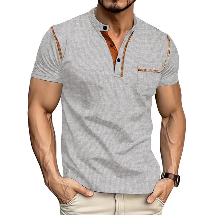 Men's short-sleeved polo shirt with stand-up collar button placket chest pocket made of elastic cotton blend Mune Fashion
