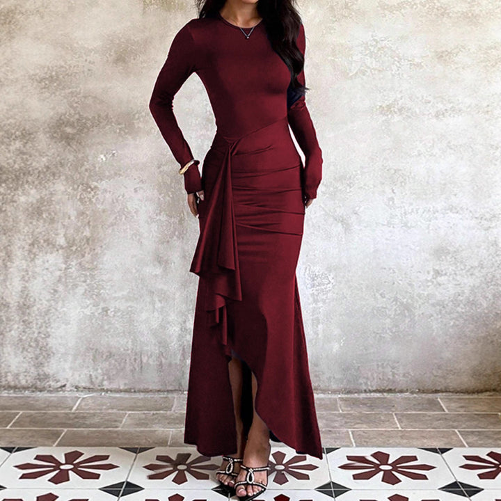 Women's evening dress with long sleeves, ruched waist and asymmetrical ruffle Mune Fashion