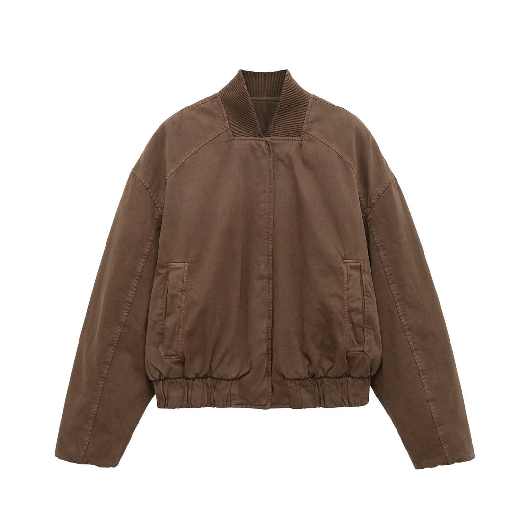 Women's Oversized Bomber Jacket with Gathered Hem and Ribbed Collar Mune Fashion