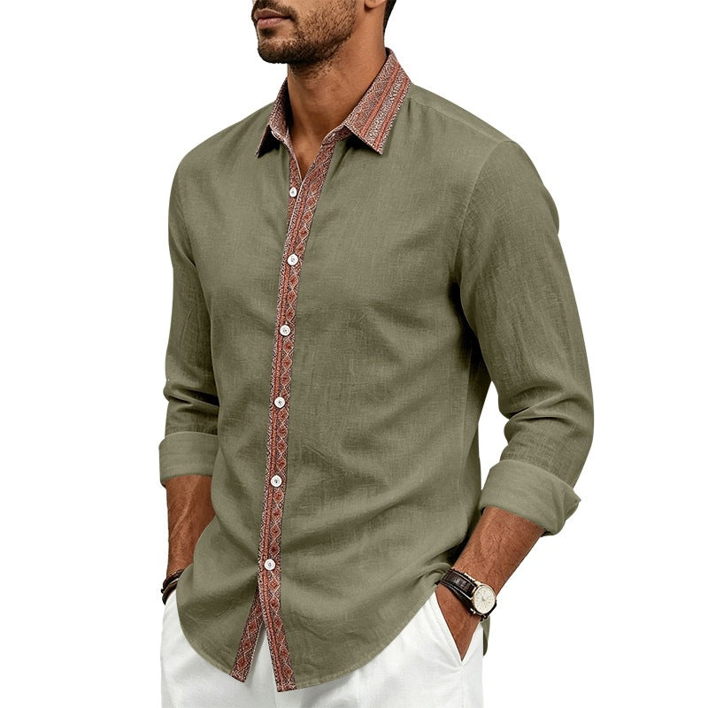 Men's Long Sleeve Linen Shirt with Contrast Trim at Collar and Button Placket Mune Fashion