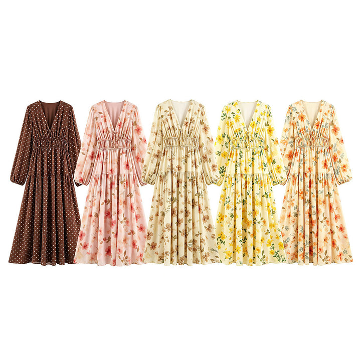 Women's Airy Chiffon Midi Dress with Deep V-Neck, Ruffled Smock Waist, and Flounce Layers Mune Fashion