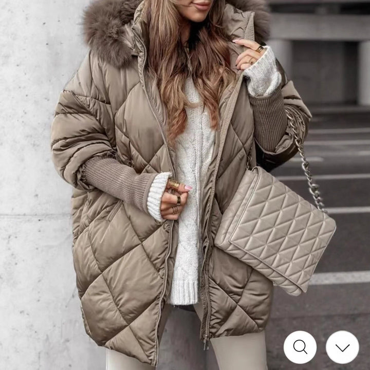 Women longer quilted winter parka with large hood and faux fur trim Mune Fashion